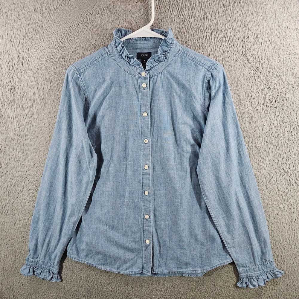 J.Crew Womens Blue Chambray Ruffle Collar Button Down Shirt Medium